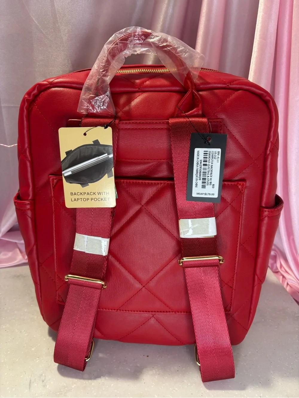 Badgley Mischka Quilted Red Backpack with Gold Accents